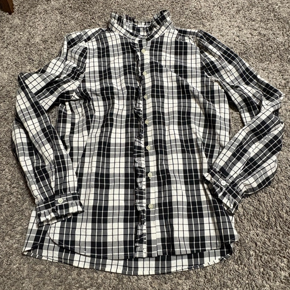 LOFT Blouse Women’s Small‎ Petite Black White Plaid Ruffle Button Down Shirt
